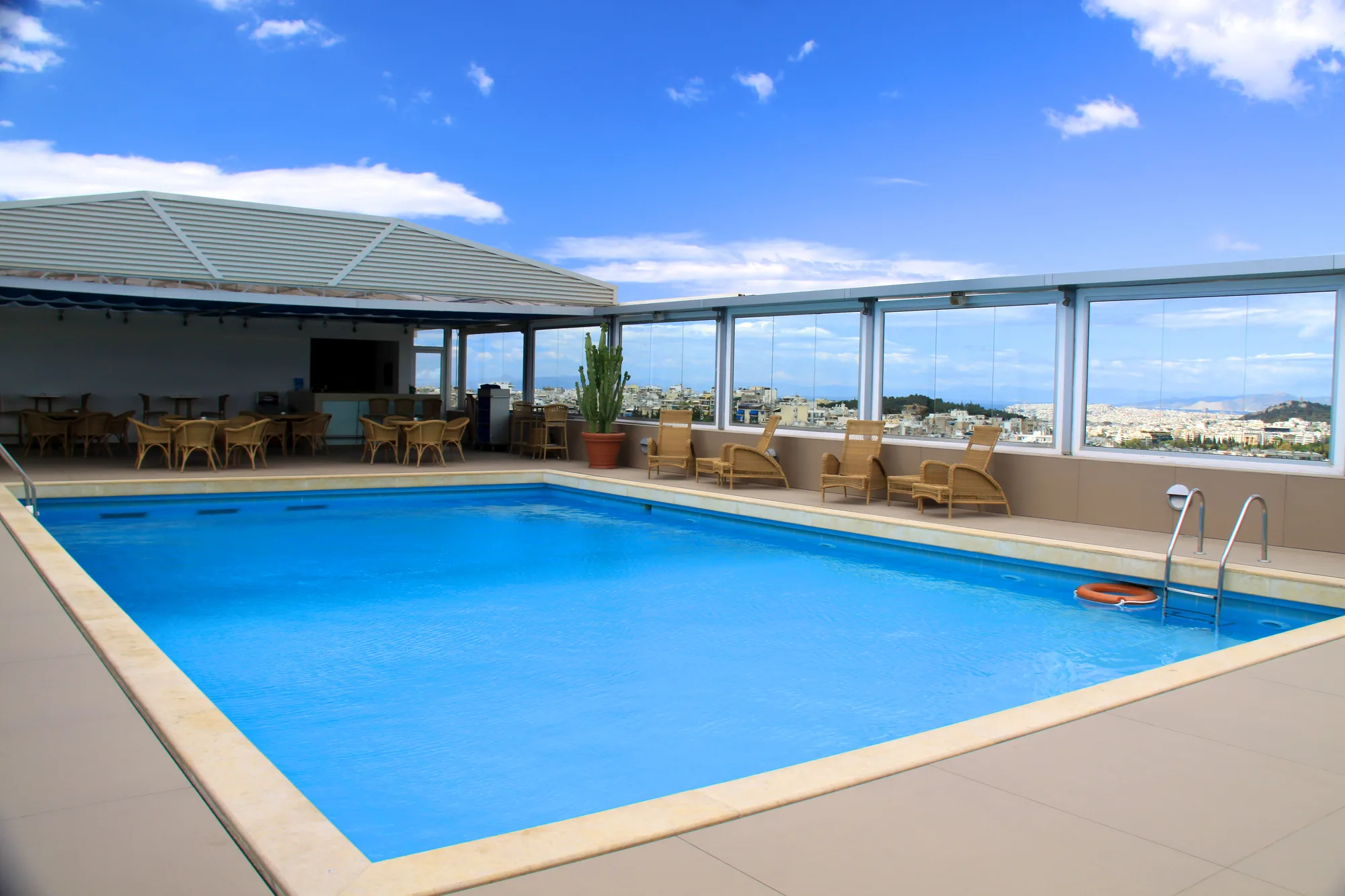 A rooftop resort pool area representing the commercial properties we also fence